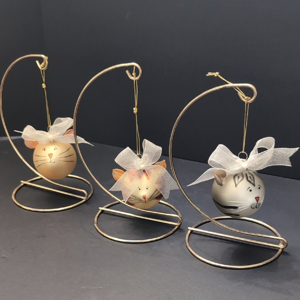Vintage Set Of 3 Glass Ornaments Mid-century Modern Cat Faces.